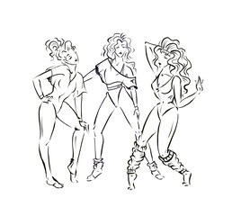 Group of three women in sportswear and poses of retro 80s aerobics, illustration isolated on white