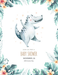 Hand drawn watercolor crocodile dancing animal baby shower. Boho illustrations, jungle tree, brazil trendy art. Perfect for fabric design. Aloha collection.