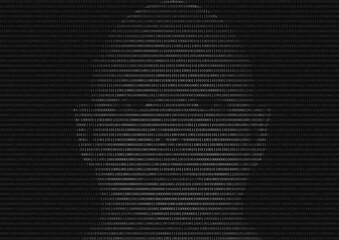 Binary code numbers that composes a human face as a metamorphosis of human and Artificial Intelligence. Conceptual image for background