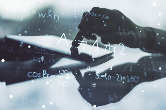Creative scientific formula concept with finger clicks on a digital tablet on background. Multiexposure
