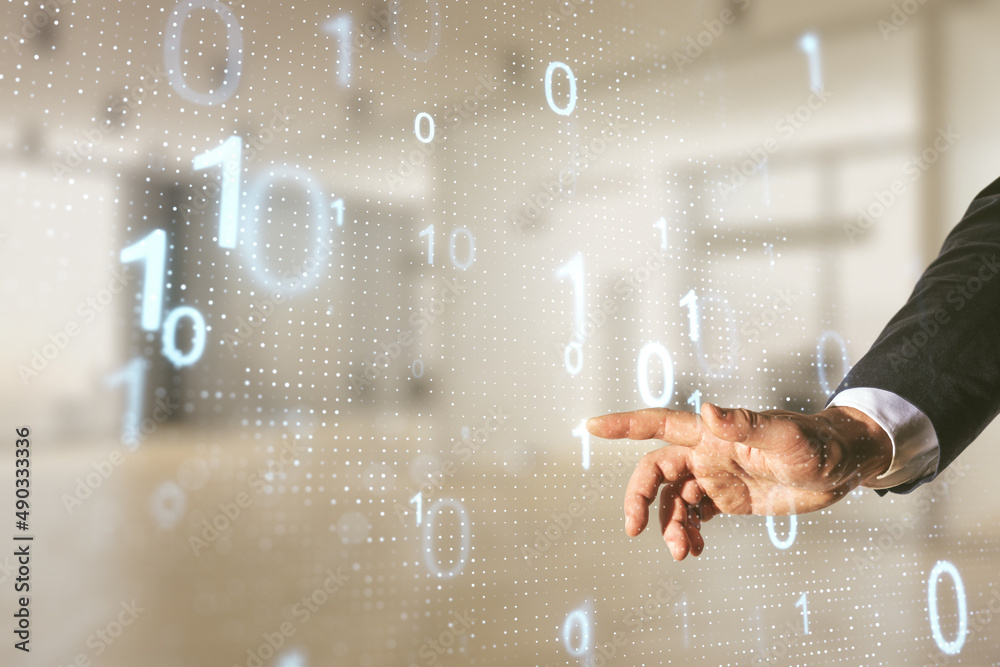 Aufkleber Male hand working with abstract virtual binary code sketch on blurred office background, hacking and matrix concept. Multiexposure