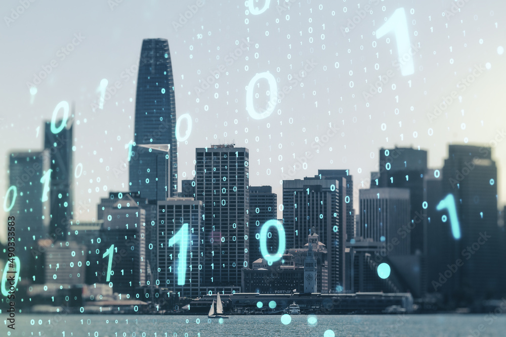 Poster double exposure of abstract virtual binary code hologram on san francisco city skyscrapers backgroun