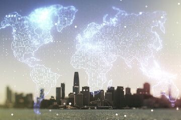 Fototapeta na wymiar Multi exposure of abstract graphic world map hologram on San Francisco office buildings background, connection and communication concept