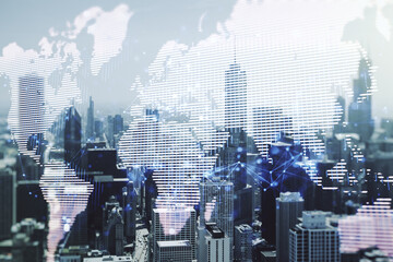 Abstract creative world map interface on Chicago skyline background, international trading concept....