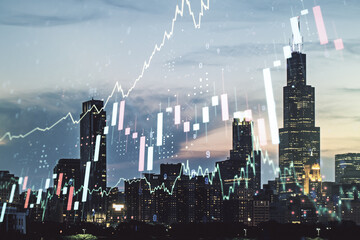 Double exposure of virtual creative financial diagram on Chicago office buildings background,...