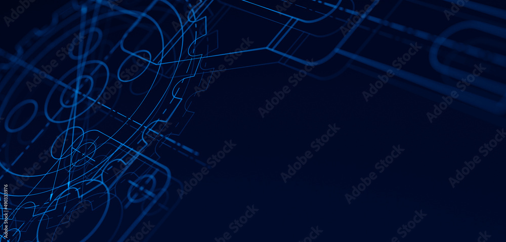 Aufkleber Blueprints engineer technician design drawing mechanical gear engineering Engine factory Industry Industrial technology project abstract presentation cover banner background. 3d rendering.