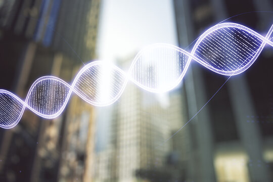 Virtual DNA symbol illustration on office buildings background. Genome research concept. Multiexposure