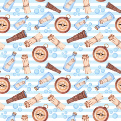 Seamless pattern with starfish, ship, crab, anchor, lifebuoy. Watercolor illustration. Summer sea background.