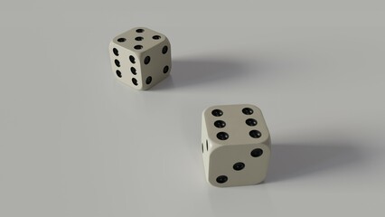 white and black dice with gray and white background, 3d rendered image