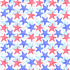 Seamless pattern with starfish, ship, crab, anchor, lifebuoy. Watercolor illustration. Summer sea background.
