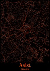 Black and orange halloween map of Aalst Belgium.This map contains geographic lines for main and secondary roads.