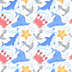 Seamless pattern with starfish, ship, crab, anchor, lifebuoy. Watercolor illustration. Summer sea background.