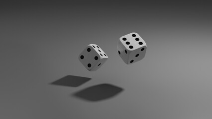white and black dice with gray and white background, 3d rendered image