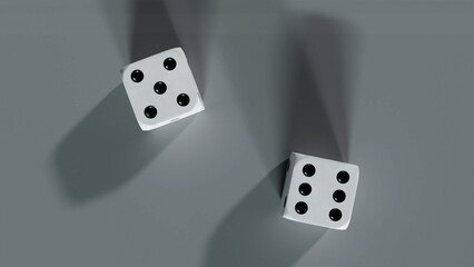 white and black dice with gray and white background, 3d rendered image