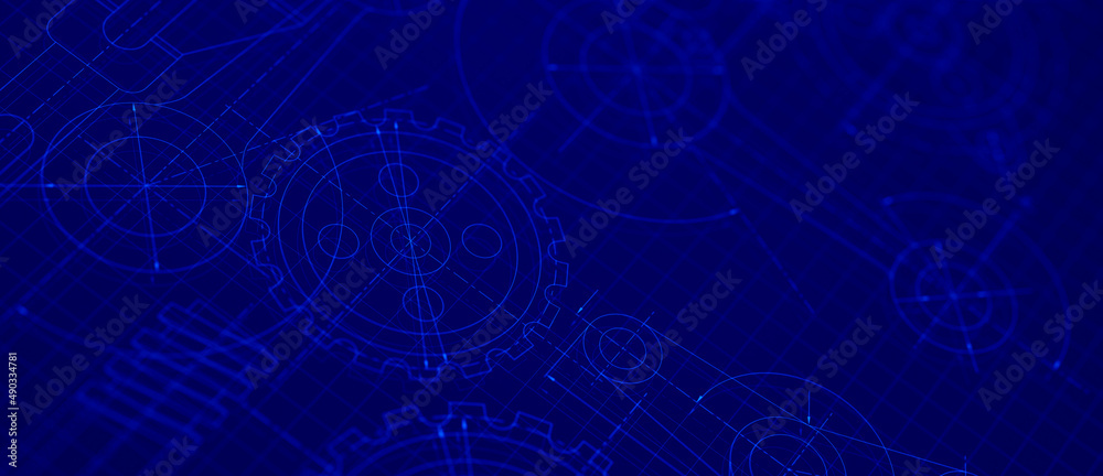 Fototapete Blueprints engineer technician design drawing mechanical gear engineering Engine factory Industry Industrial technology project abstract presentation cover banner background. 3d rendering.