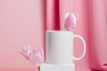 Mockup mug with tulips for branding, logo and design, spring concept