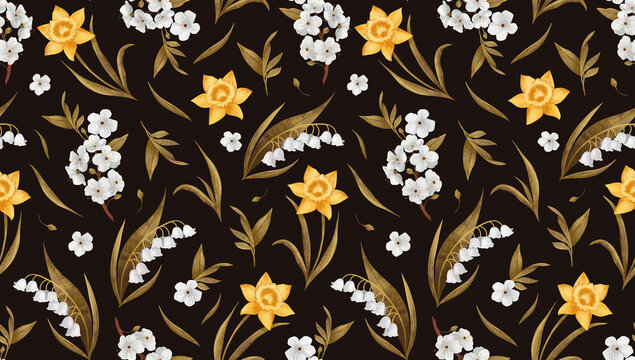 seamless floral pattern with white lily of the valley, yellow daffodil and apple blossom buds, clack background 2d illustration