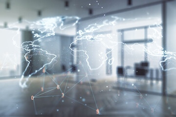 Fototapeta premium Multi exposure of abstract creative digital world map hologram on modern corporate office background, research and analytics concept