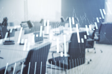 Abstract virtual financial graph hologram on a modern furnished classroom background, financial and...