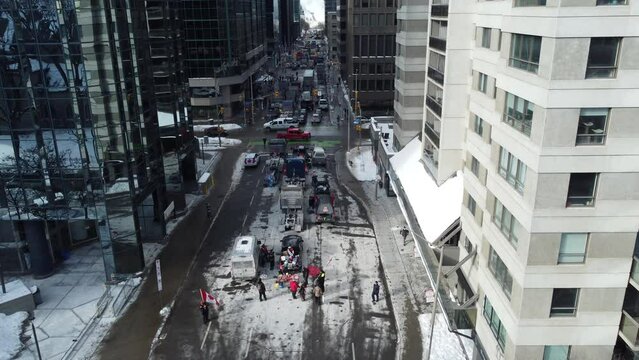 Aerial, Freedom convoy 2022 in downtown Ottawa. Convoy of freedom. Canadian convoy protest against COVID-19 vaccine. No vaccine mandates
