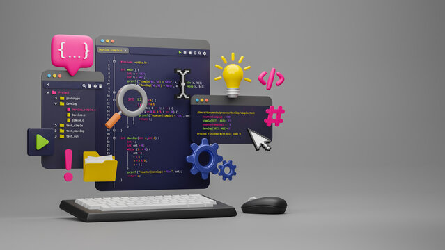 Programmer developer typing script source languages coding symbols  icon development project data programming software engineering IT technologies computer. 3d rendering.