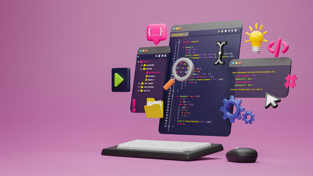 Programmer developer typing script source languages coding symbols  icon development project data programming software engineering IT technologies computer. 3d rendering.