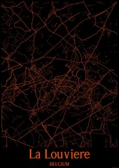 Black and orange halloween map of La Louviere Belgium.This map contains geographic lines for main and secondary roads.