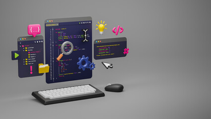 Programmer developer typing script source languages coding symbols  icon development project data programming software engineering IT technologies computer. 3d rendering.