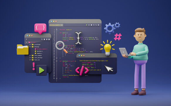 Programmer developer typing script source languages coding symbols  icon development project data programming software engineering IT technologies computer. 3d rendering.
