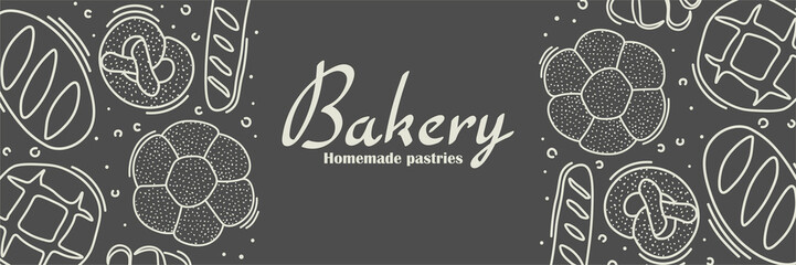 Trendy Vector horizontal background for bakery or cafe.Illustrations of buns,bread,baguette,and other pastries for packaging,labels,or signage.Line Art of food for banner, flyer or menu.Lettering