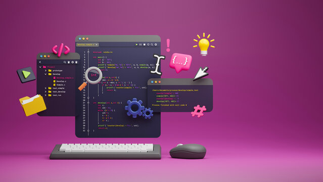 Programmer developer typing script source languages coding symbols  icon development project data programming software engineering IT technologies computer. 3d rendering.