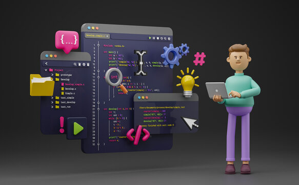 Programmer developer typing script source languages coding symbols  icon development project data programming software engineering IT technologies computer. 3d rendering.