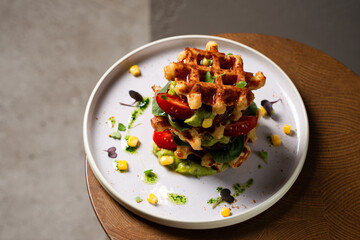 Belgian cheese waffles with guacamole, tomato and syrup