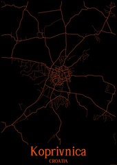 Black and orange halloween map of Koprivnica Croatia.This map contains geographic lines for main and secondary roads.