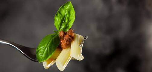 Fresh cooked pasta on fork with bolognese sauce and green basil leafs. - banner size