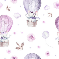 Watercolor purple illustration of a cute animal safary elephant and fancy sky scene complete with airplanes and balloons, clouds. Baby Boy and girl pattern. baby shower
