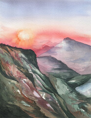 watercolor painting of the mountains