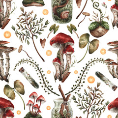seamless pattern with leaves and mushrooms