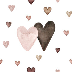 Stylish pattern with watercolor love hearts. Rose and beige seamless background, Digital paper nad textile. Valentine day