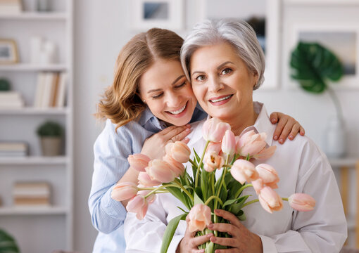 Delighted young woman congratulations mother with bouquet of fresh tulips