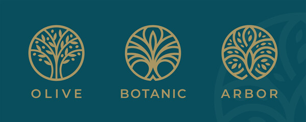 Tree logo icon set design. Garden plant natural symbols template. Tree of life branch with leaves business sign collection. Vector illustration.