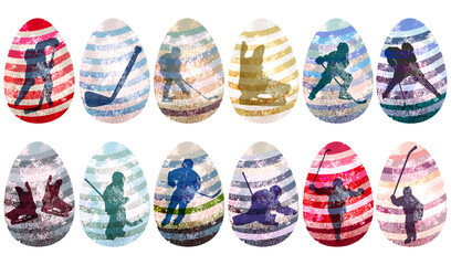 Set of decorated Easter eggs with hockey elements
