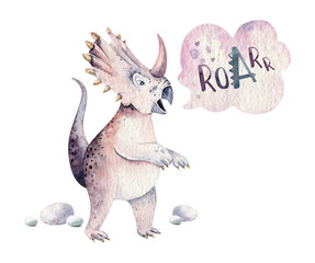 Cute cartoon baby dinosaurs collection watercolor baby shower invite, hand painted dino isolated on a white background for nursery poster decoration. Rex children funny art