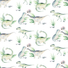 Cute cartoon baby dinosaurs seamless pattern watercolor paper, hand painted dino background texture Jurassic Park . Rex children funny art