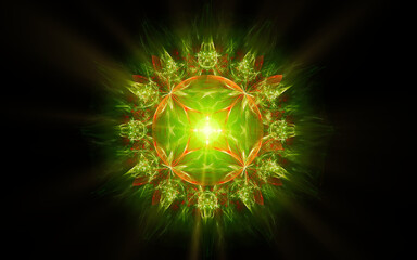 abstract illustration of a computer generated fantastic flower of various shapes and shades on a black background for use in symbology, signs for digital design and graphics