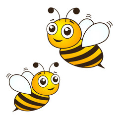 Cute yellow bees set. Happy bees character with kind eyes. Vector isolated on white.