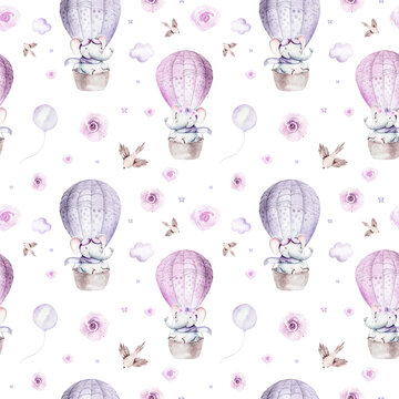 Watercolor purple illustration of a cute animal safary elephant and fancy sky scene complete with airplanes and balloons, clouds. Baby Boy and girl pattern. baby shower © kris_art