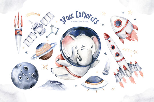 Astronaut baby boy elephant space suit, cosmonaut stars, planet, moon, rocket and shuttle isolated watercolor space ship illustration on white background, Spaceman cartoon kid astronout. 