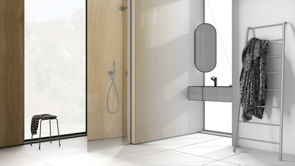 Architect interior designer concept: hand-drawn draft unfinished project that becomes real, bathroom with wooden walls, washbasin, mirror, shower with glass and stool, ceramic tiles