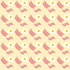 food seamless pattern with fried egg,bacon,sausage on yellow background vector style.